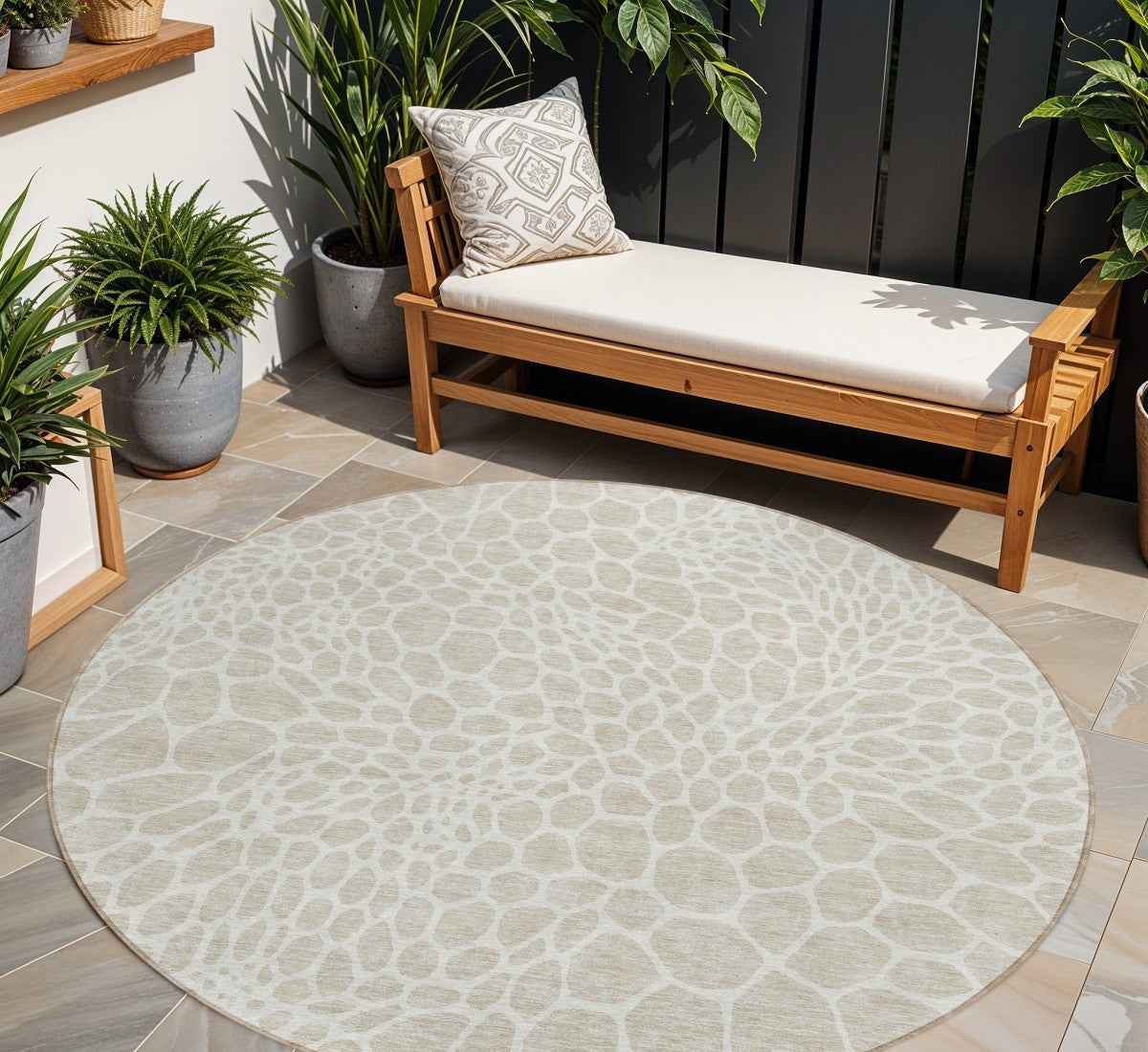 8' Beige And Ivory Round Geometric Washable Indoor Outdoor Area Rug