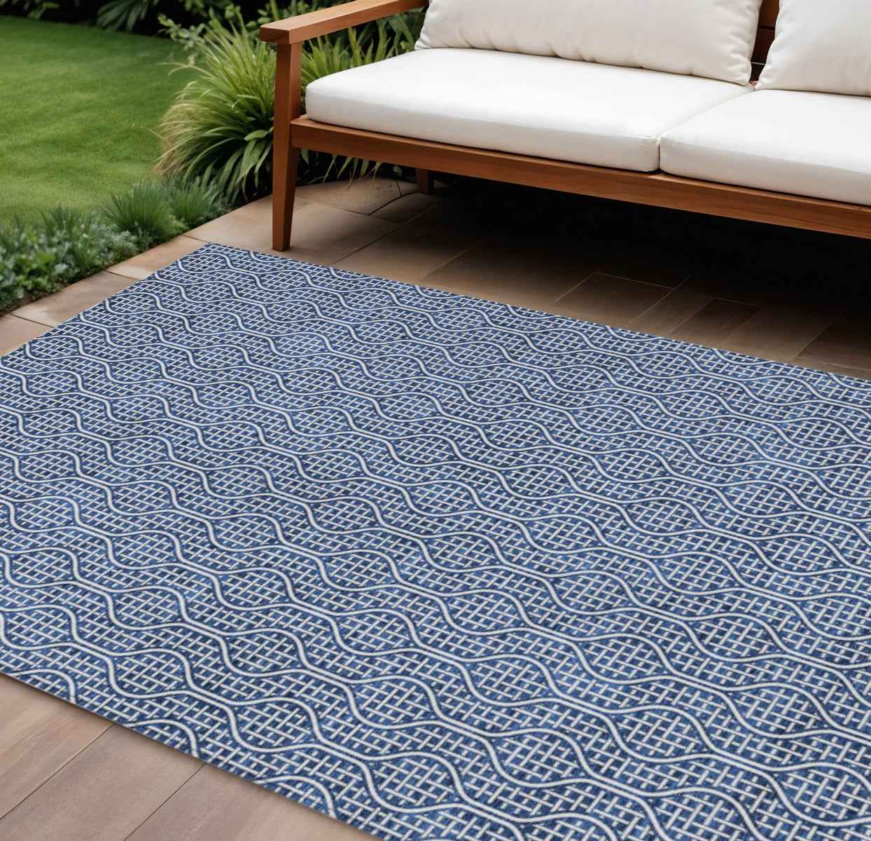 8' X 10' Navy Blue And Ivory Geometric Washable Indoor Outdoor Area Rug