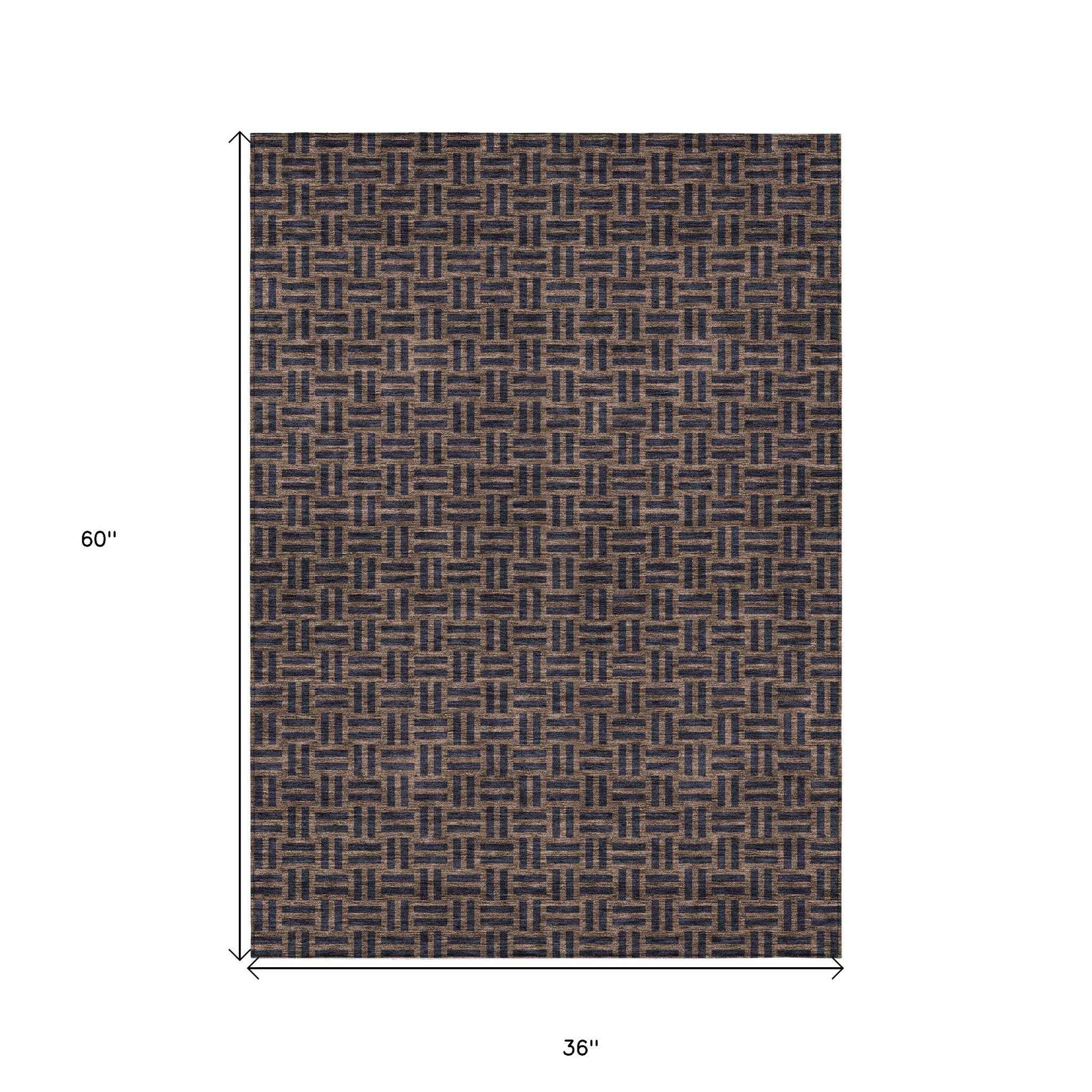 3' X 5' Chocolate And Black Geometric Washable Indoor Outdoor Area Rug