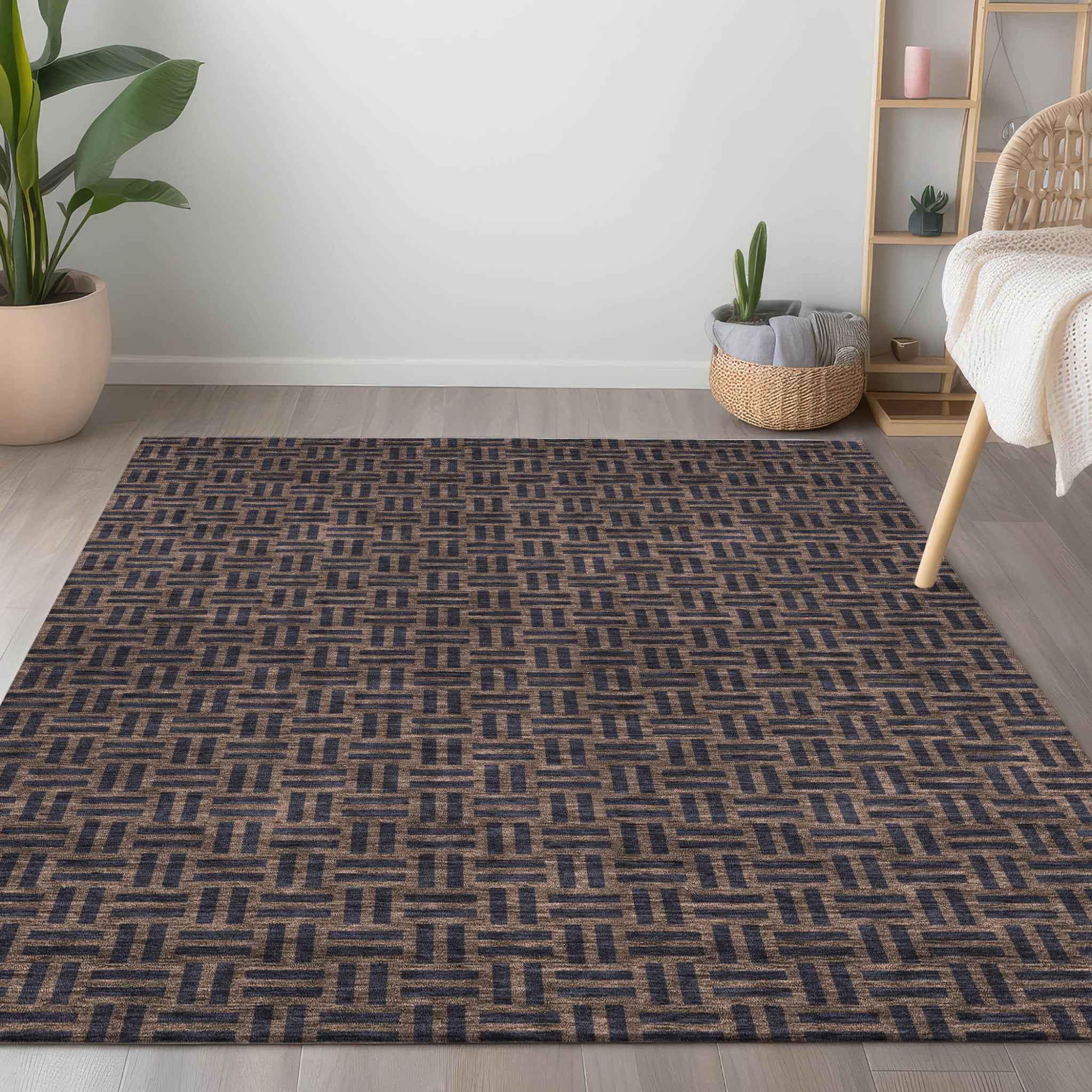 3' X 5' Chocolate And Black Geometric Washable Indoor Outdoor Area Rug