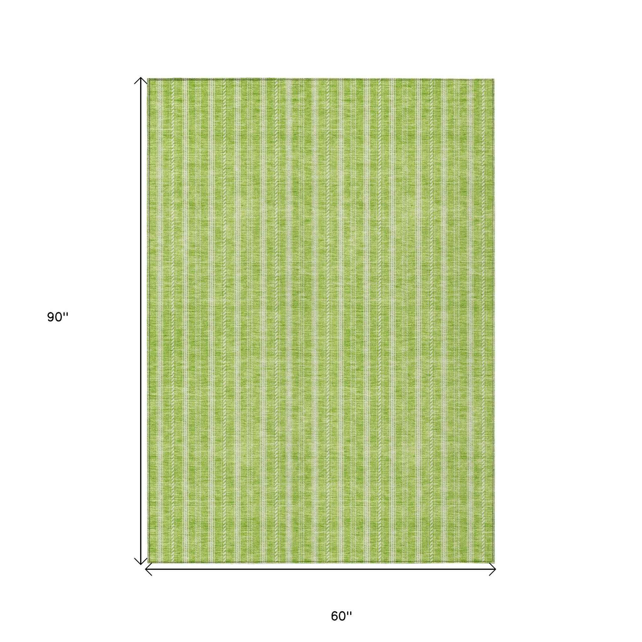 5' X 8' Lime Green And Ivory Striped Washable Indoor Outdoor Area Rug