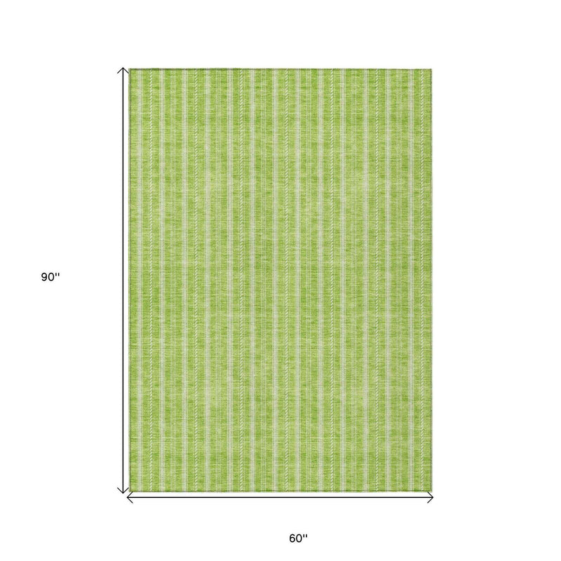 5' X 8' Lime Green And Ivory Striped Washable Indoor Outdoor Area Rug