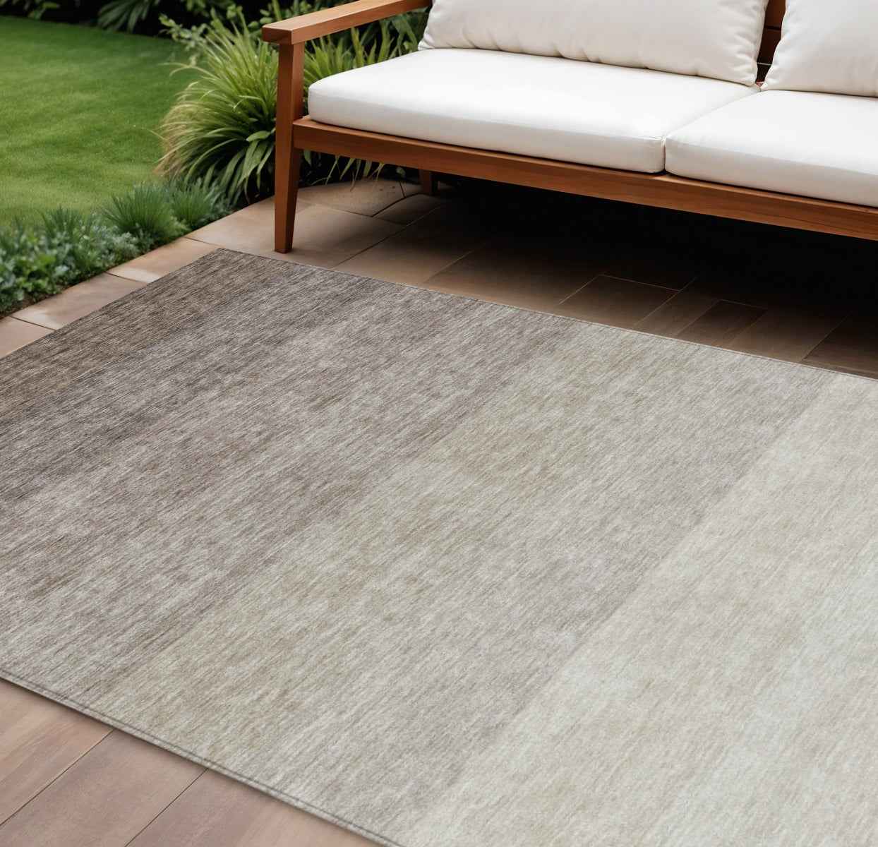 10' X 14' Brown And Ivory Ombre Washable Indoor Outdoor Area Rug