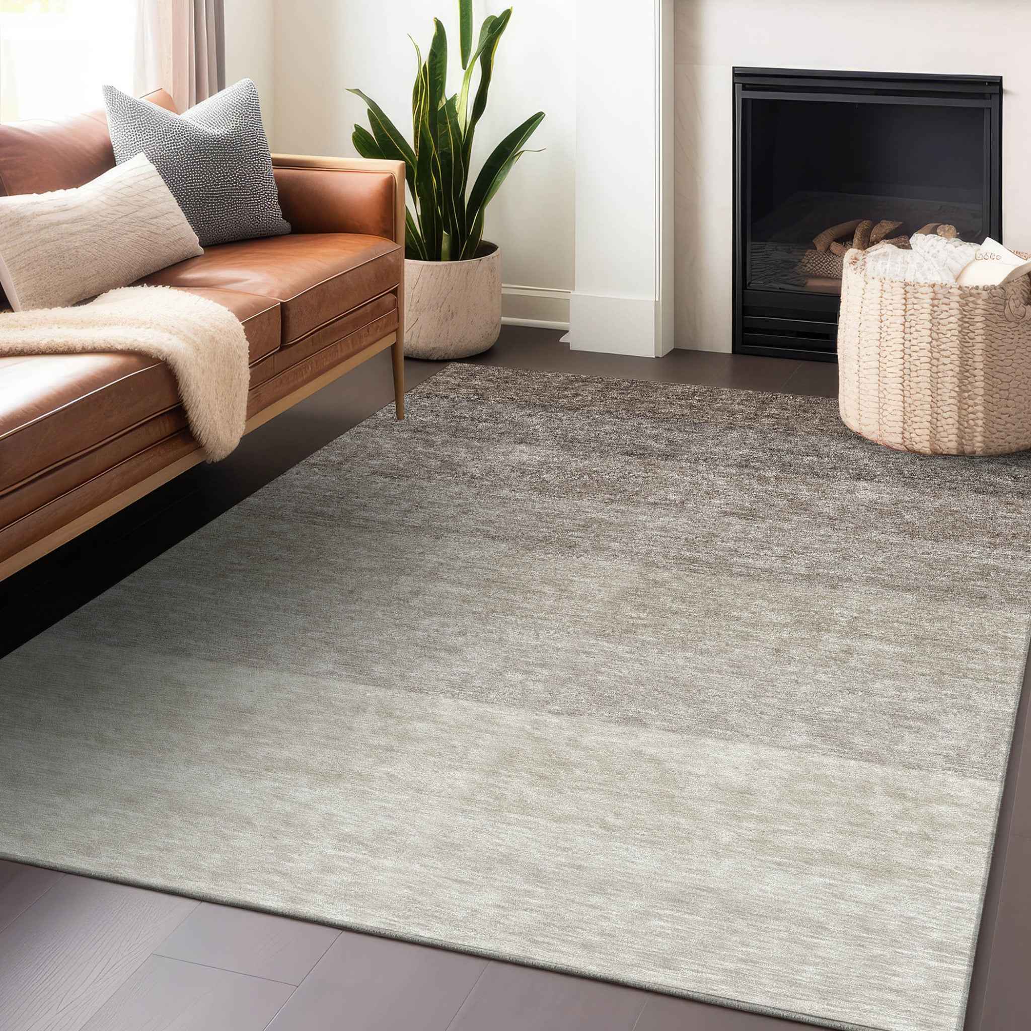9' X 12' Brown And Ivory Ombre Washable Indoor Outdoor Area Rug