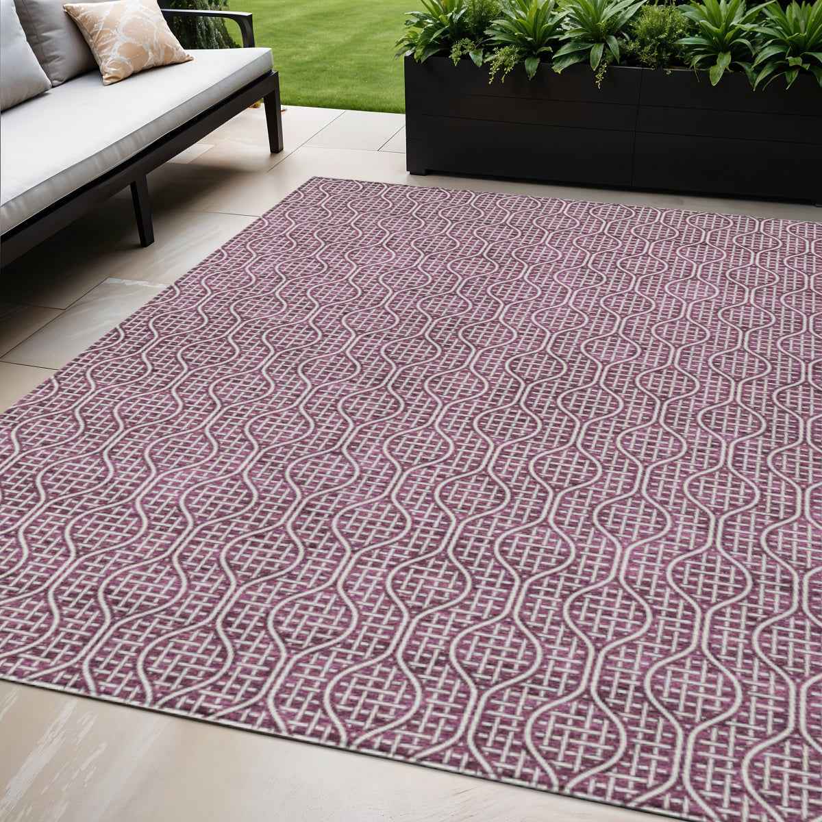 5' X 8' Eggplant And Ivory Geometric Washable Indoor Outdoor Area Rug