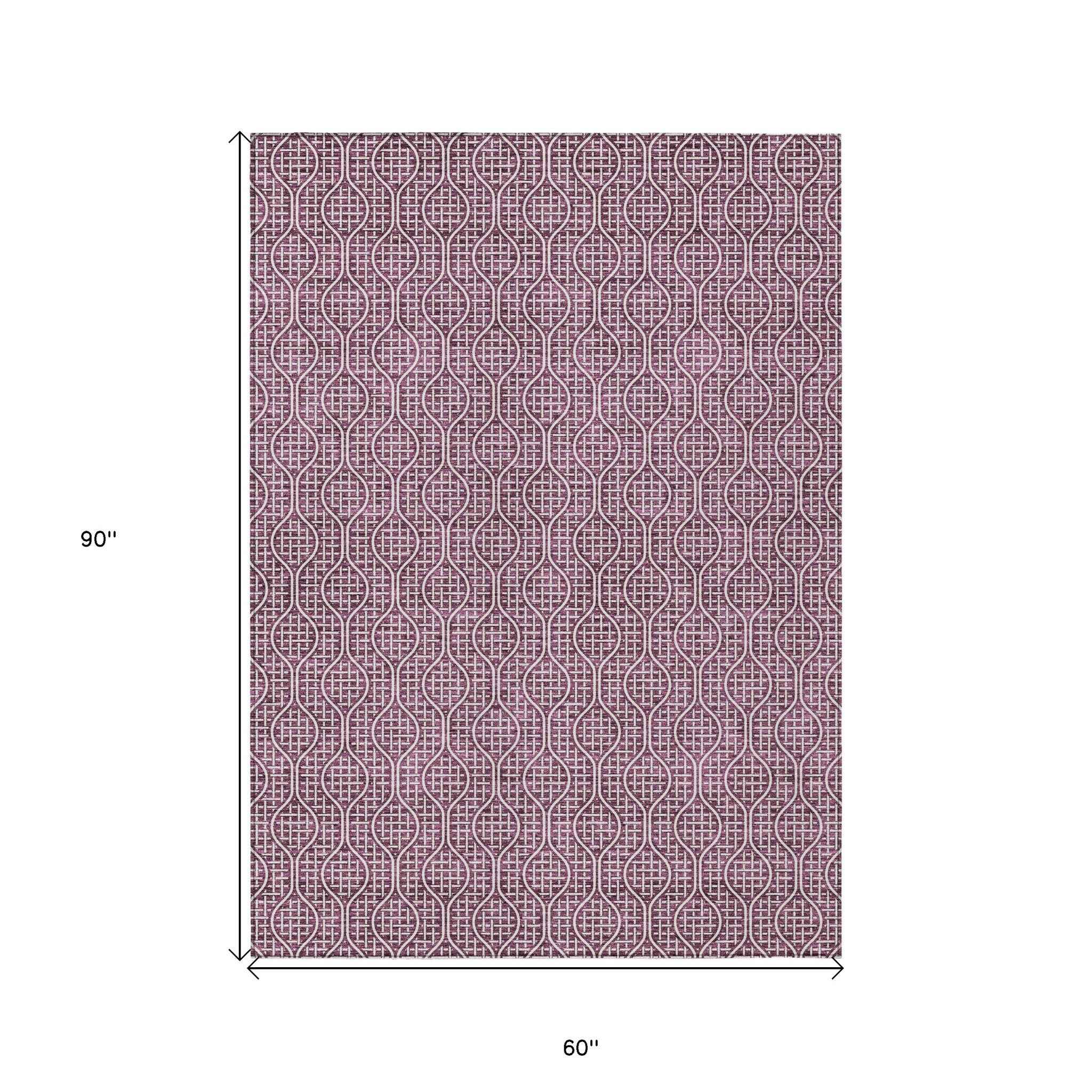 5' X 8' Eggplant And Ivory Geometric Washable Indoor Outdoor Area Rug
