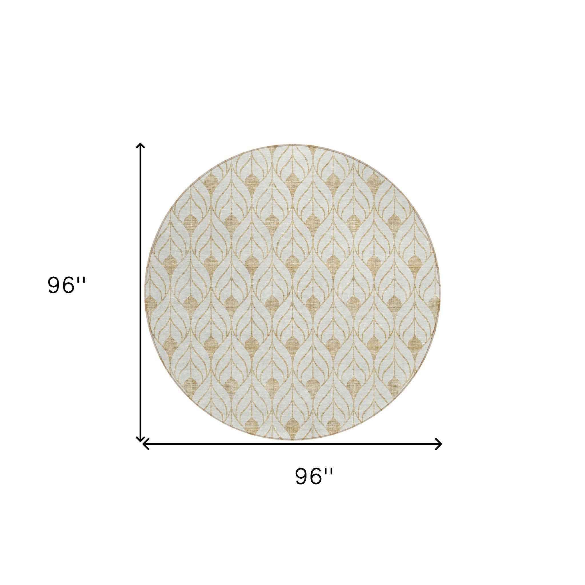 8' Gold And Beige Round Geometric Washable Indoor Outdoor Area Rug