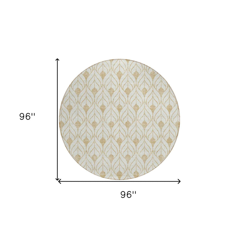 8' Gold And Beige Round Geometric Washable Indoor Outdoor Area Rug
