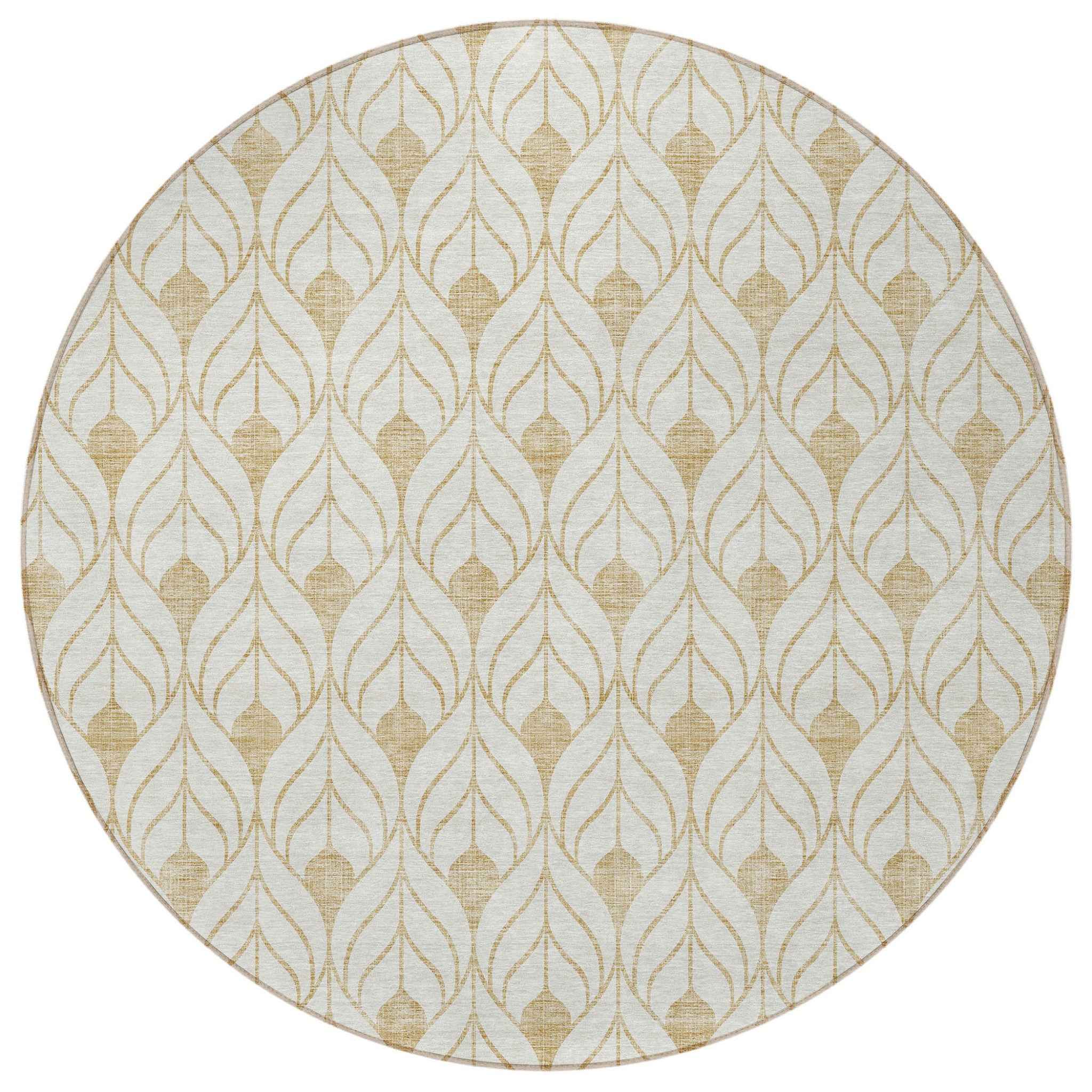 8' Gold And Beige Round Geometric Washable Indoor Outdoor Area Rug