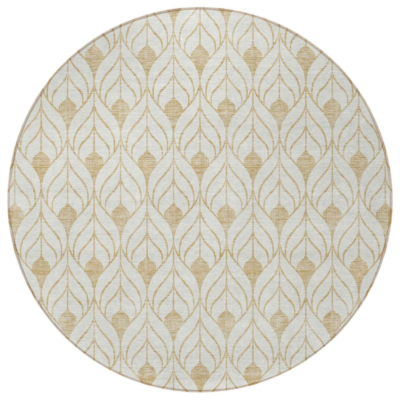 8' Gold And Beige Round Geometric Washable Indoor Outdoor Area Rug