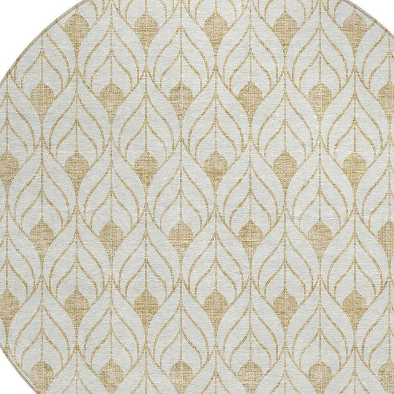 8' Gold And Beige Round Geometric Washable Indoor Outdoor Area Rug