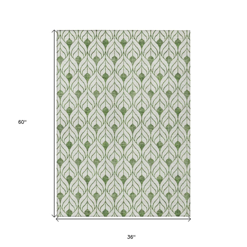 3' X 5' Green And Ivory Geometric Washable Indoor Outdoor Area Rug