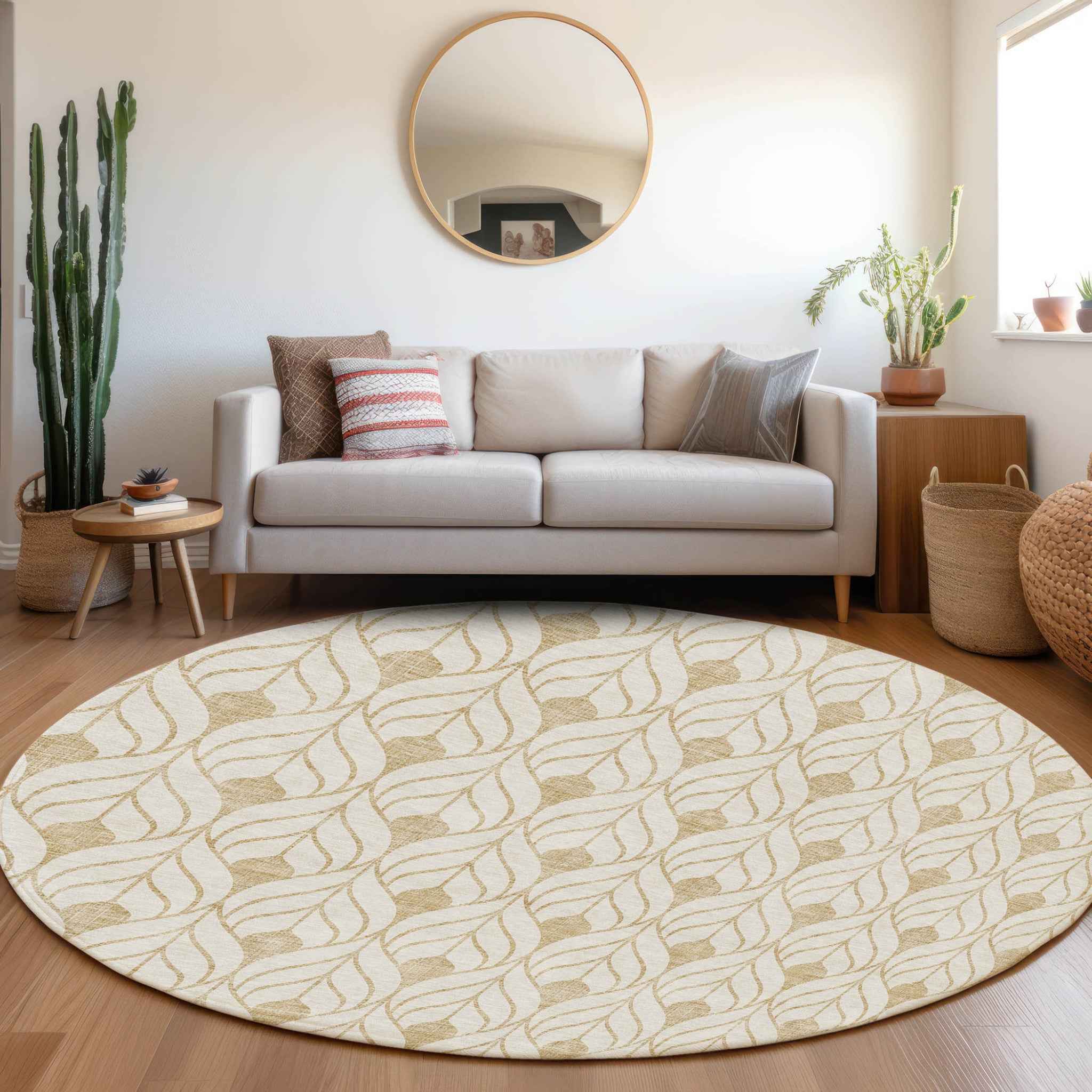 8' Gold And Beige Round Geometric Washable Indoor Outdoor Area Rug