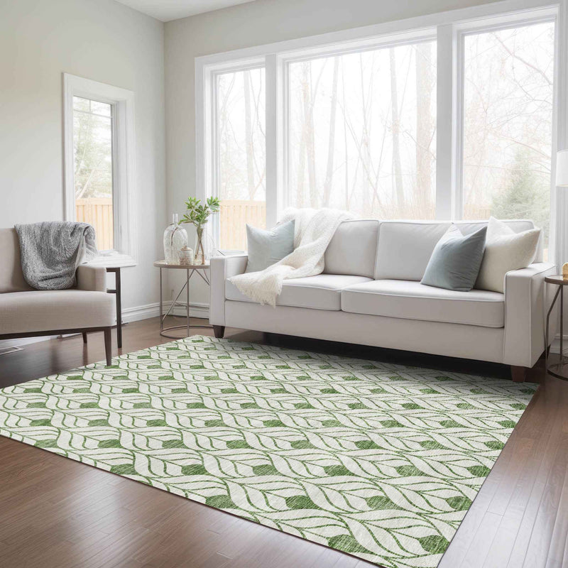 3' X 5' Green And Ivory Geometric Washable Indoor Outdoor Area Rug