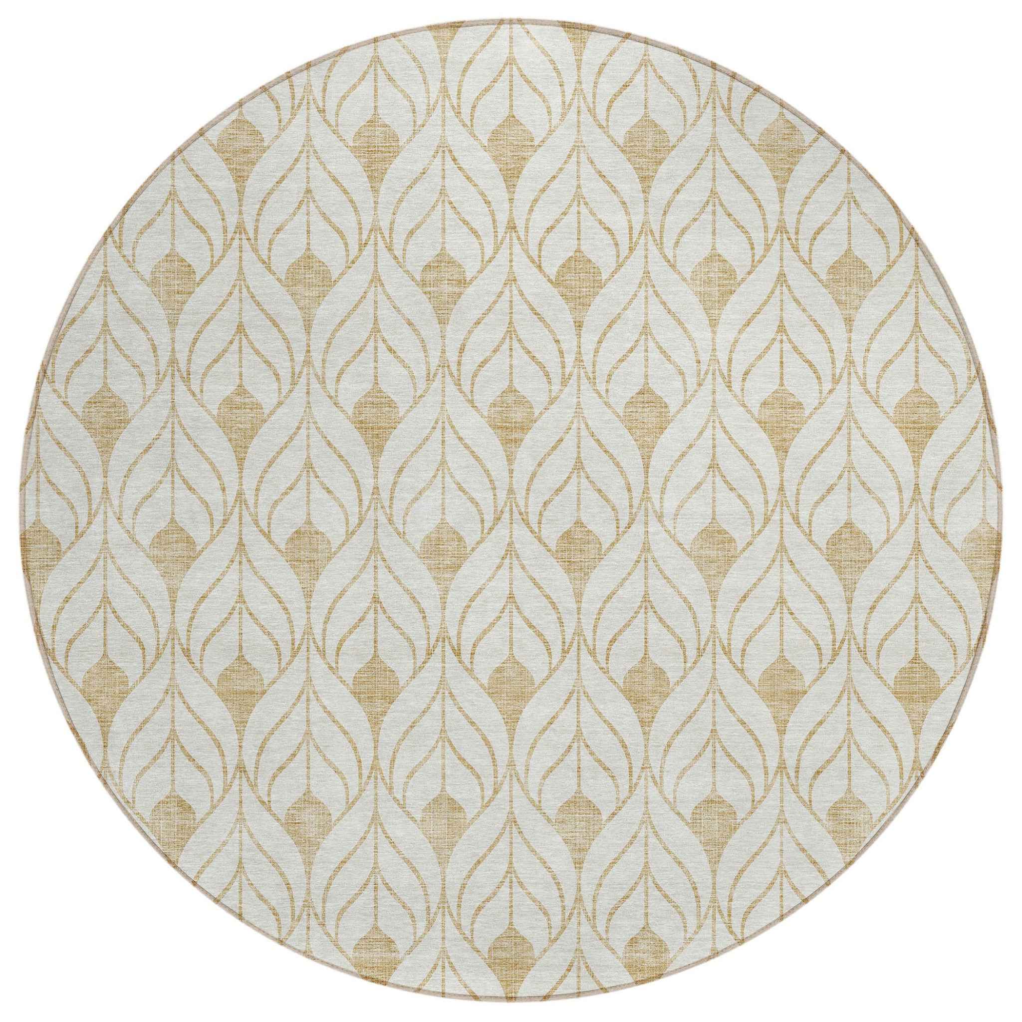 8' Gold And Beige Round Geometric Washable Indoor Outdoor Area Rug