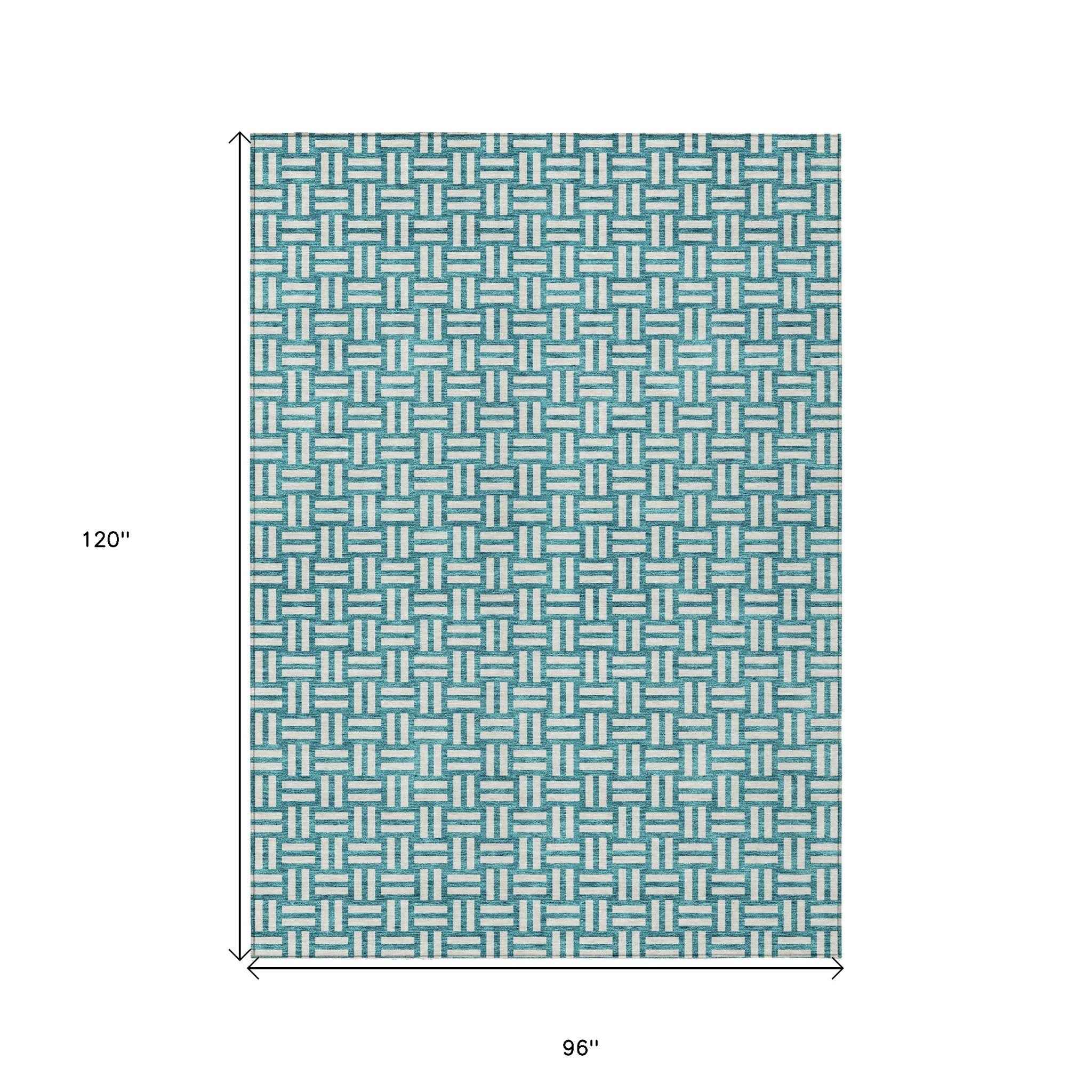 8' X 10' Teal Blue And Gray Geometric Washable Indoor Outdoor Area Rug