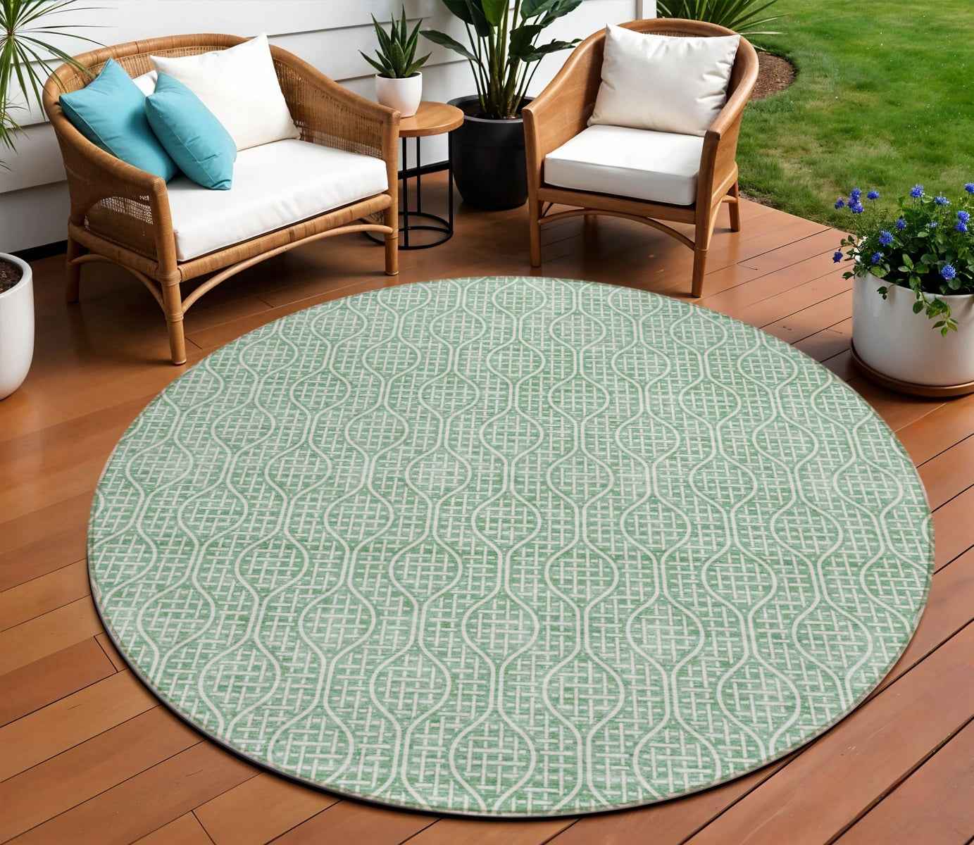 8' Sage And Gray Round Geometric Washable Indoor Outdoor Area Rug