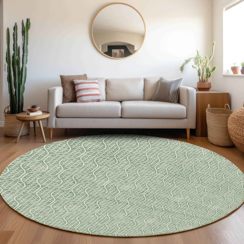 8' Sage And Gray Round Geometric Washable Indoor Outdoor Area Rug