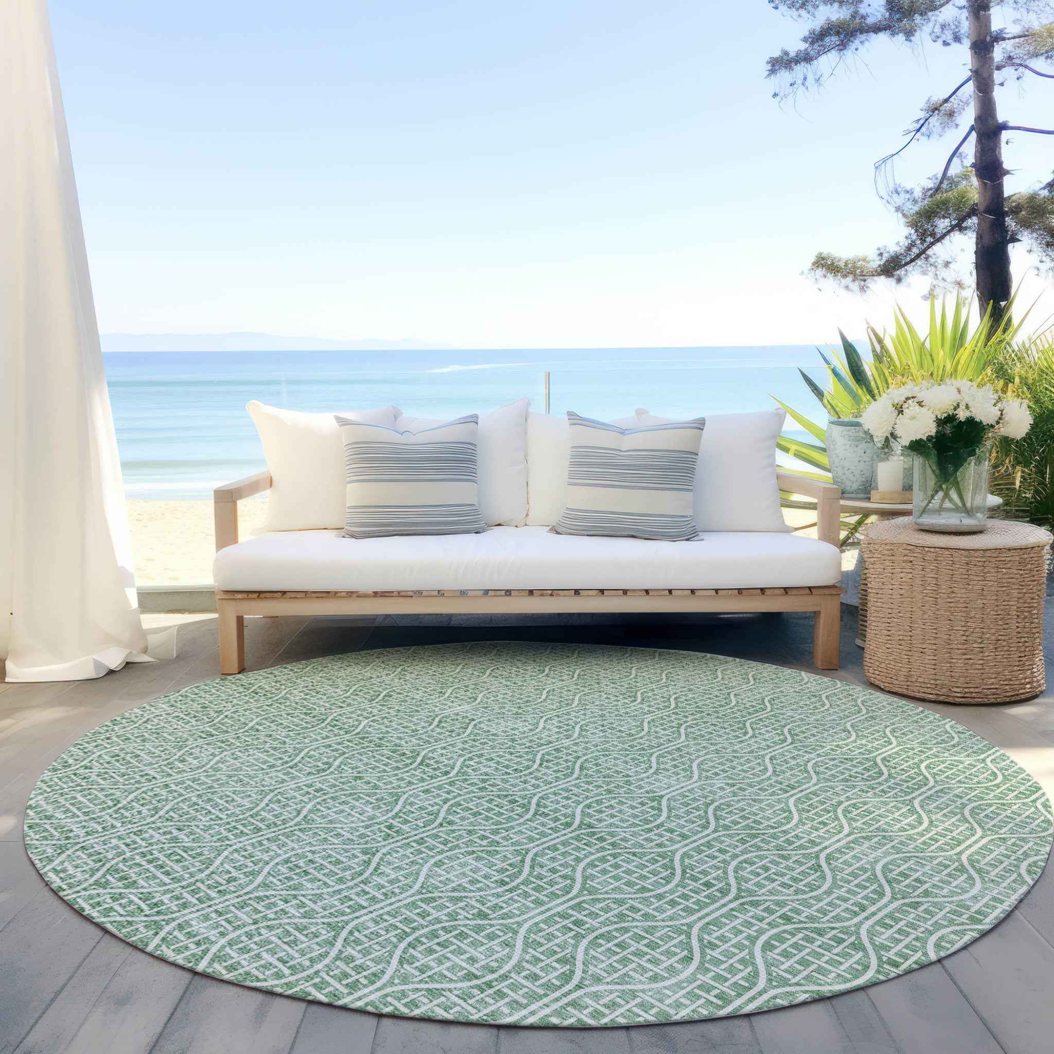 8' Sage And Gray Round Geometric Washable Indoor Outdoor Area Rug