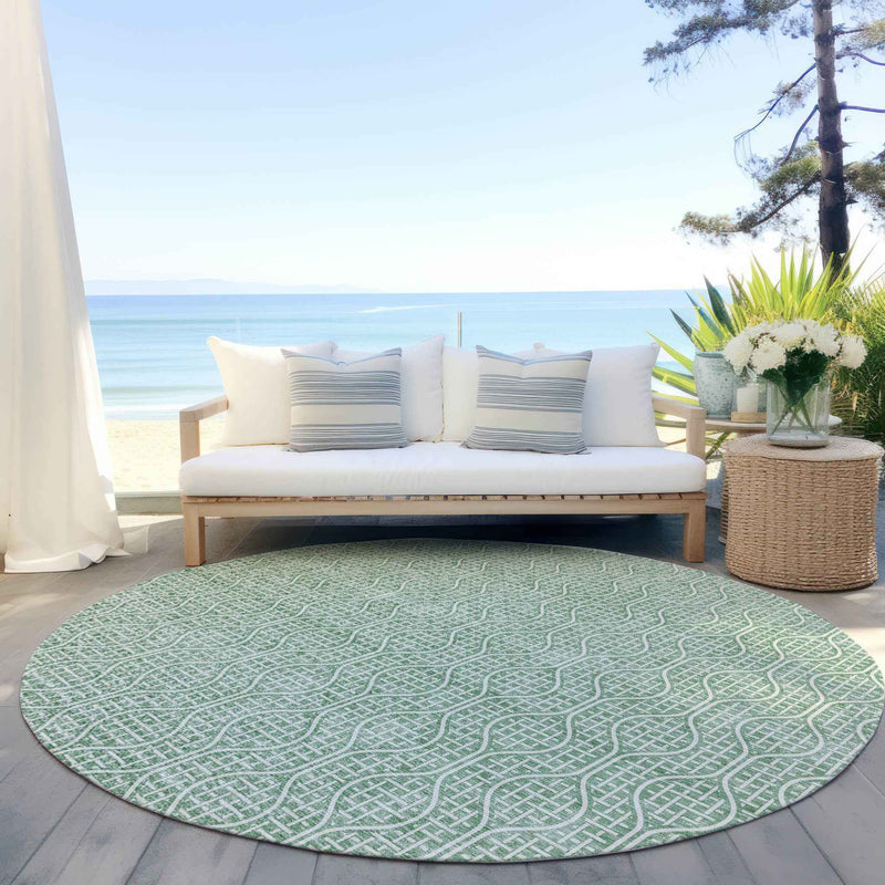 8' Sage And Gray Round Geometric Washable Indoor Outdoor Area Rug