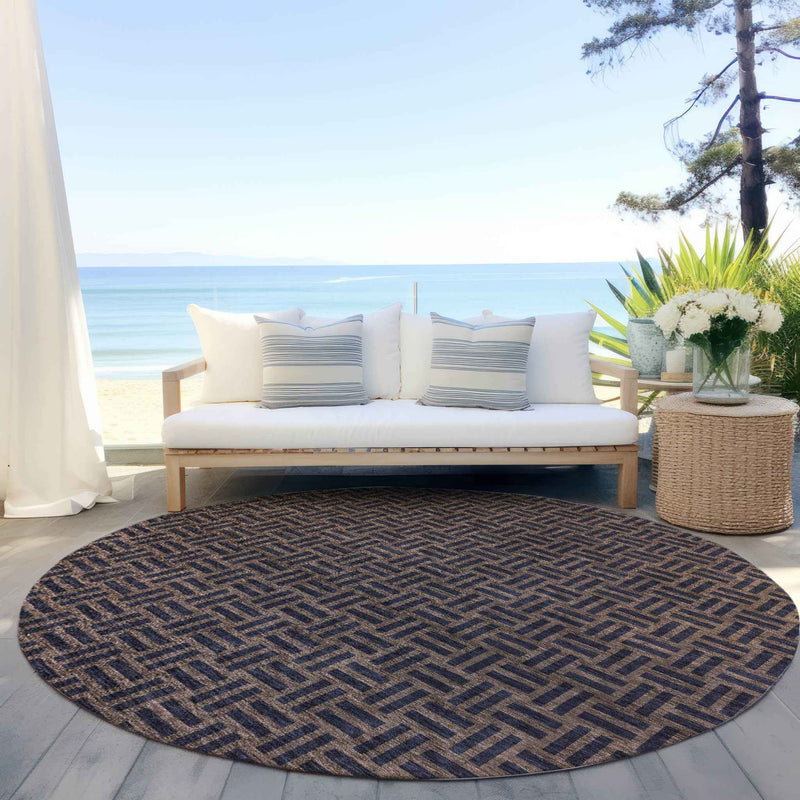 8' Chocolate And Black Round Geometric Washable Indoor Outdoor Area Rug