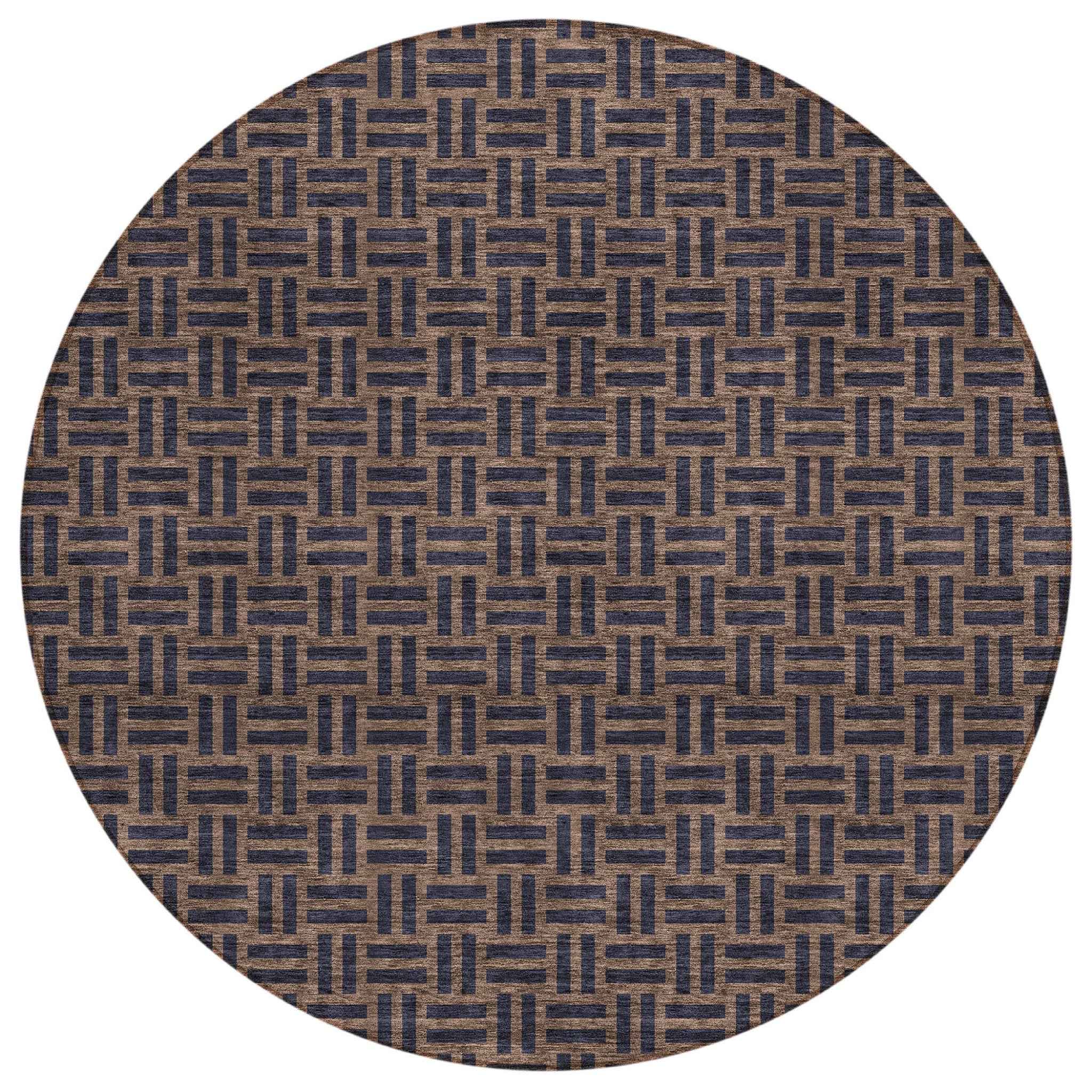 8' Chocolate And Black Round Geometric Washable Indoor Outdoor Area Rug