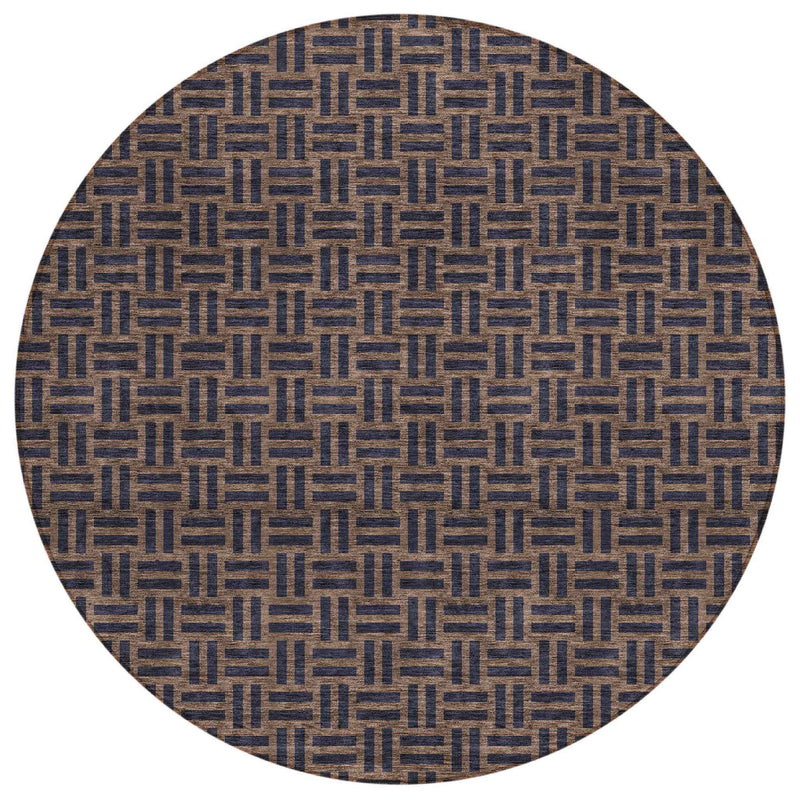 8' Chocolate And Black Round Geometric Washable Indoor Outdoor Area Rug
