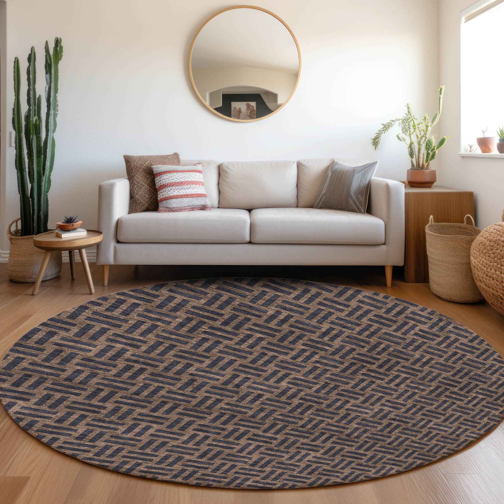 8' Chocolate And Black Round Geometric Washable Indoor Outdoor Area Rug