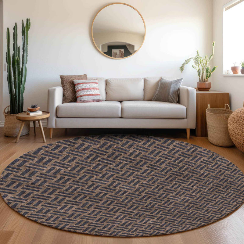 8' Chocolate And Black Round Geometric Washable Indoor Outdoor Area Rug