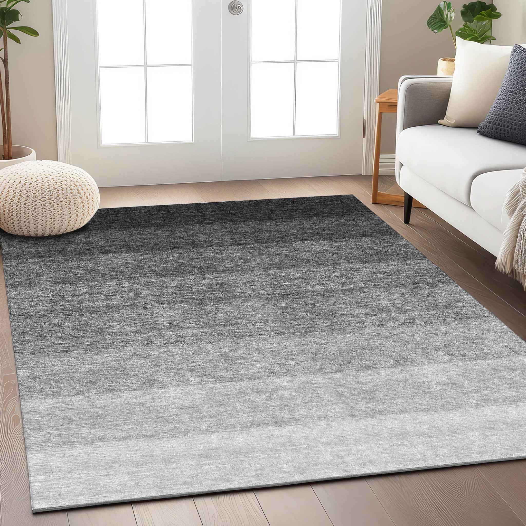 8' X 10' Black And Ivory Ombre Washable Indoor Outdoor Area Rug