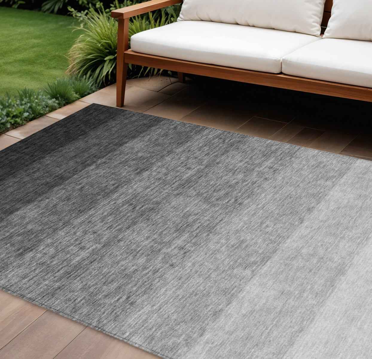 8' X 10' Black And Ivory Ombre Washable Indoor Outdoor Area Rug