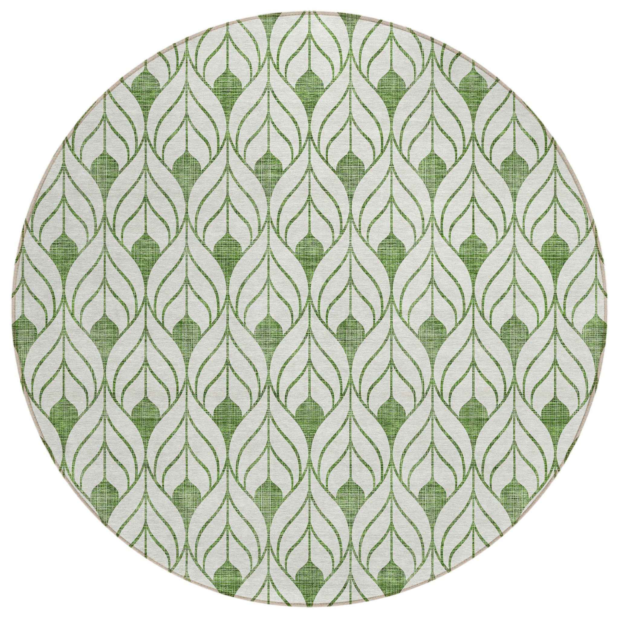 8' Green And Ivory Round Geometric Washable Indoor Outdoor Area Rug