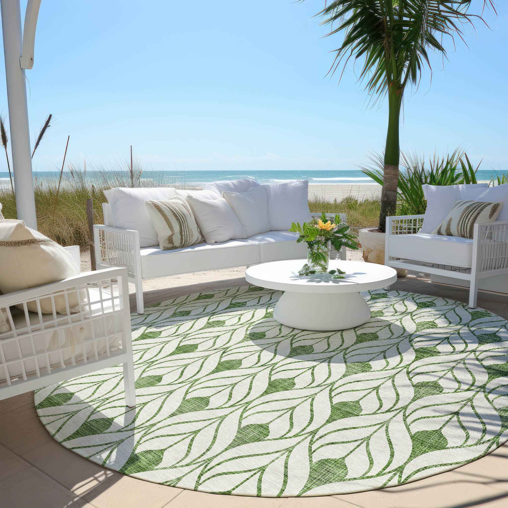 8' Green And Ivory Round Geometric Washable Indoor Outdoor Area Rug