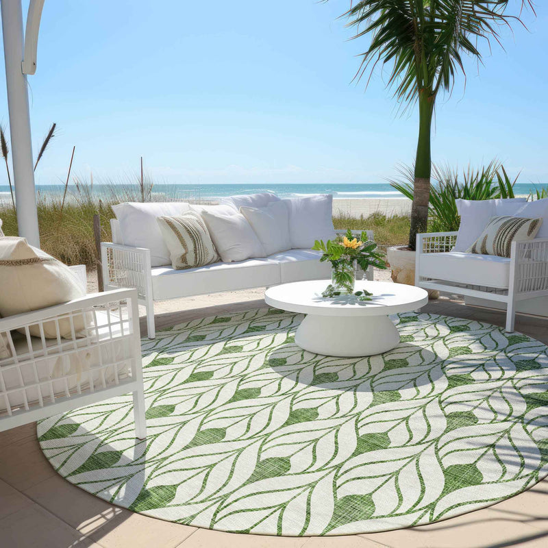 8' Green And Ivory Round Geometric Washable Indoor Outdoor Area Rug