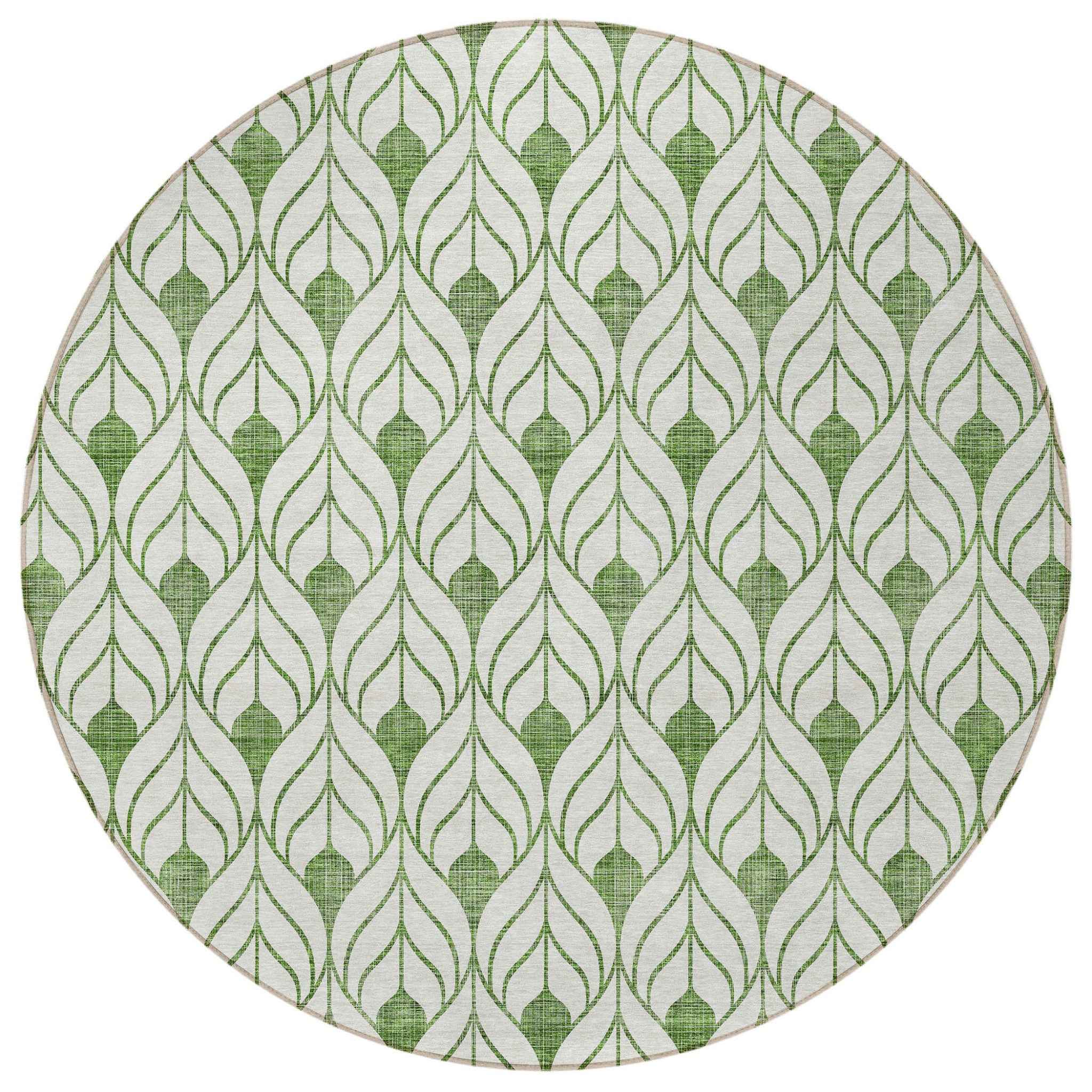 8' Green And Ivory Round Geometric Washable Indoor Outdoor Area Rug