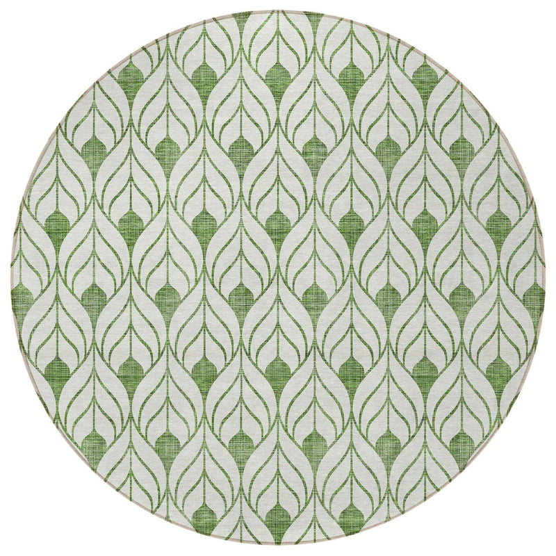 8' Green And Ivory Round Geometric Washable Indoor Outdoor Area Rug