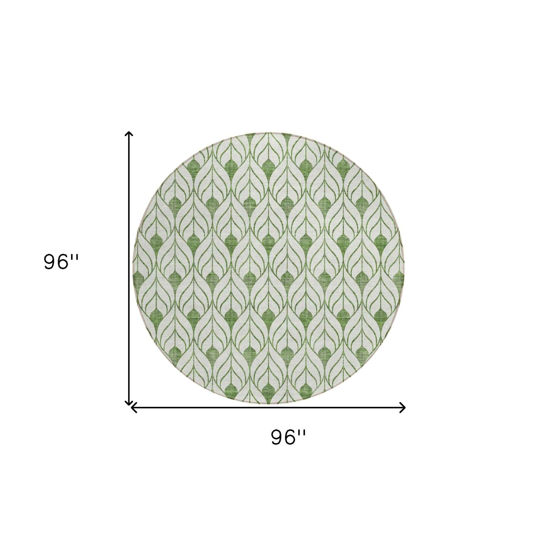 8' Green And Ivory Round Geometric Washable Indoor Outdoor Area Rug