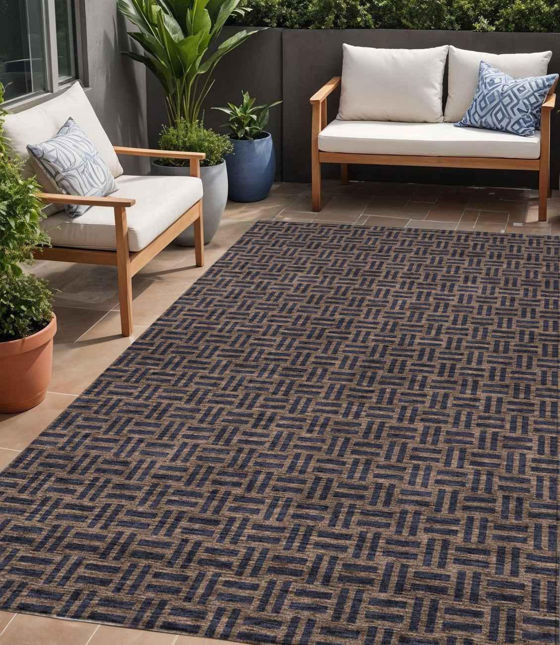 5' X 8' Chocolate And Black Geometric Washable Indoor Outdoor Area Rug