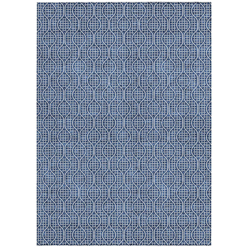 5' X 8' Navy Blue And Ivory Geometric Washable Indoor Outdoor Area Rug