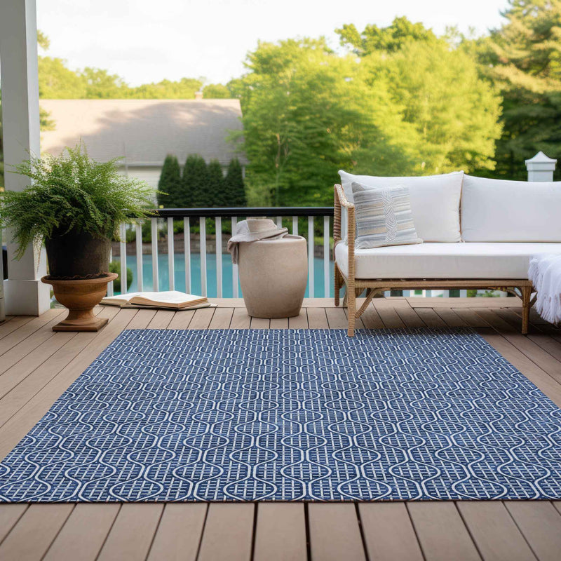 5' X 8' Navy Blue And Ivory Geometric Washable Indoor Outdoor Area Rug