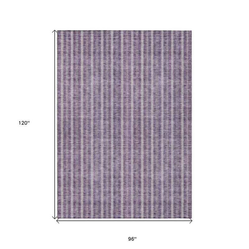 8' X 10' Purple And Ivory Striped Washable Indoor Outdoor Area Rug