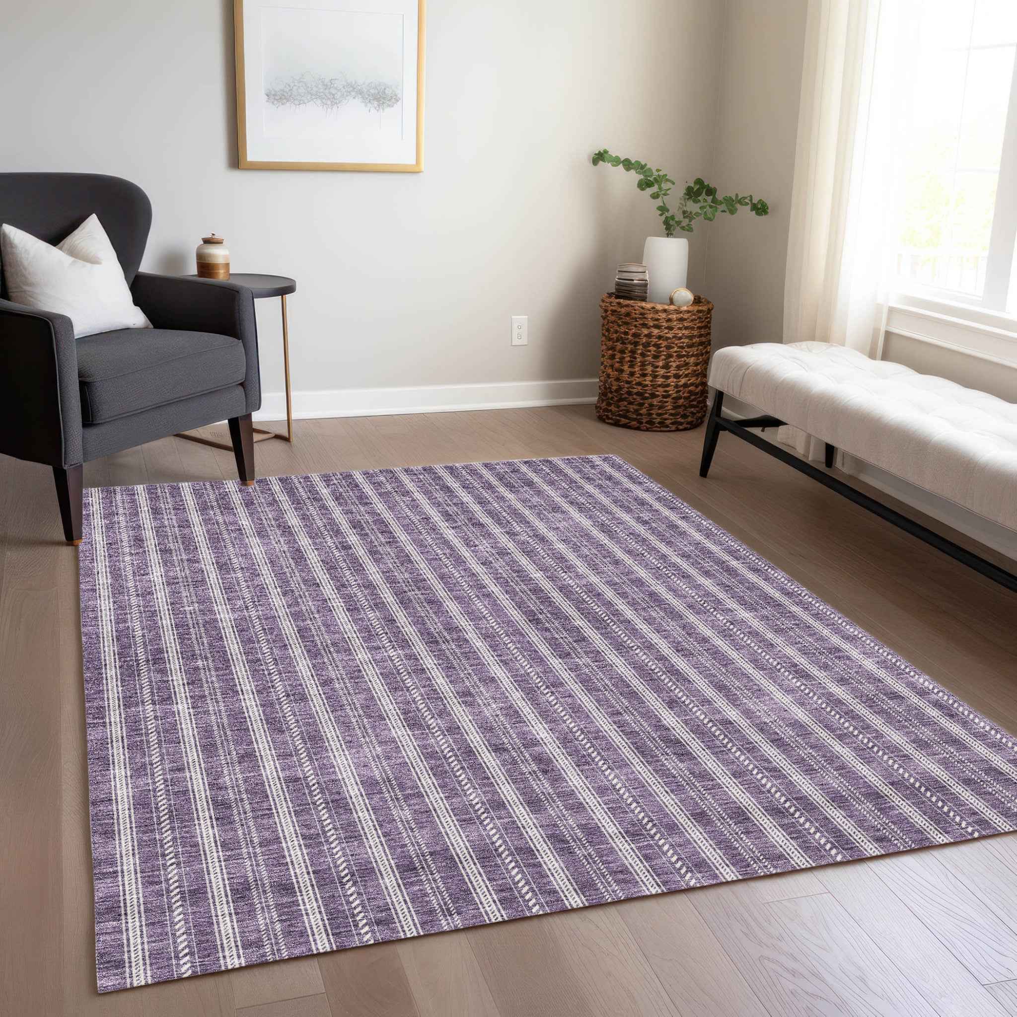 3' X 5' Purple And Ivory Striped Washable Indoor Outdoor Area Rug