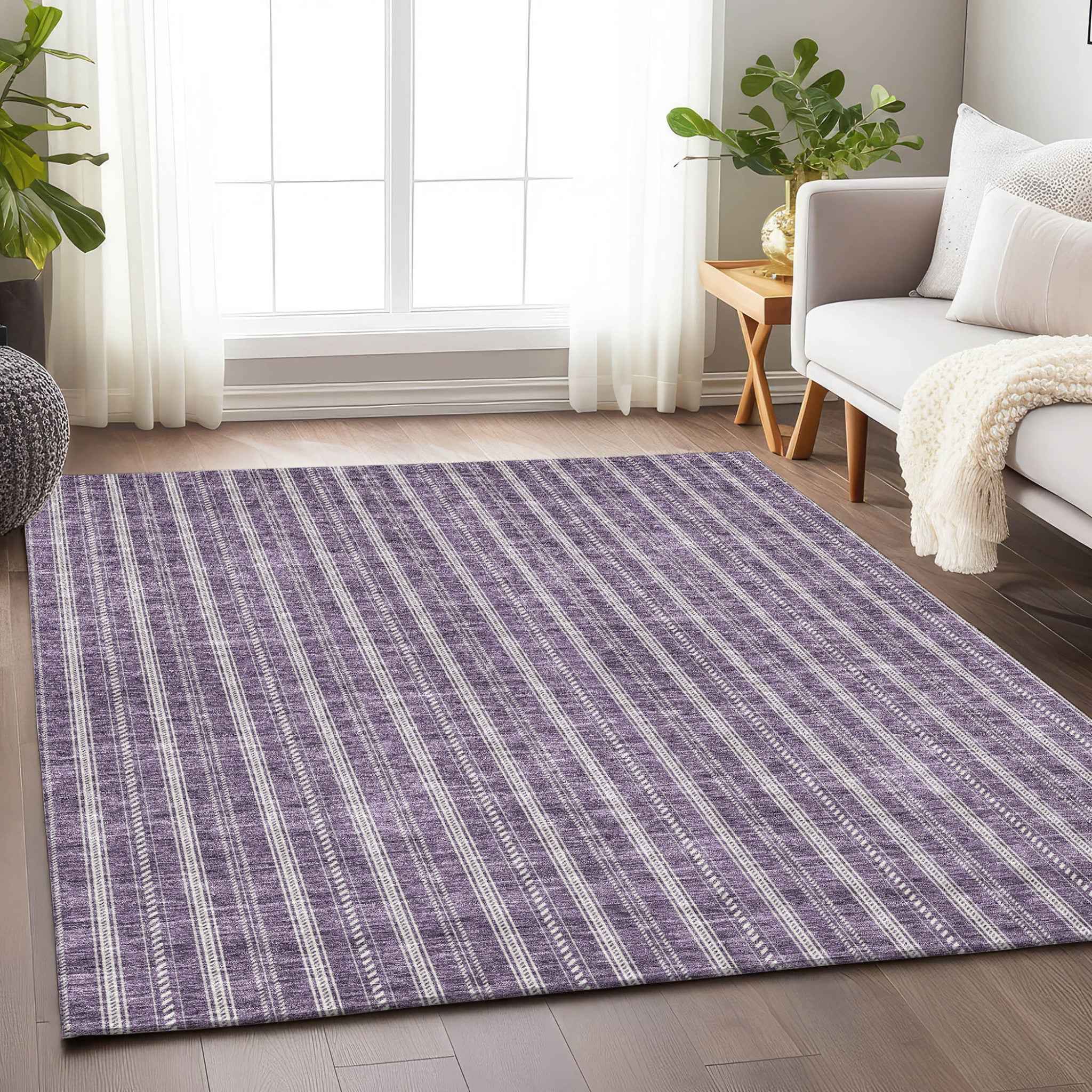 3' X 5' Purple And Ivory Striped Washable Indoor Outdoor Area Rug