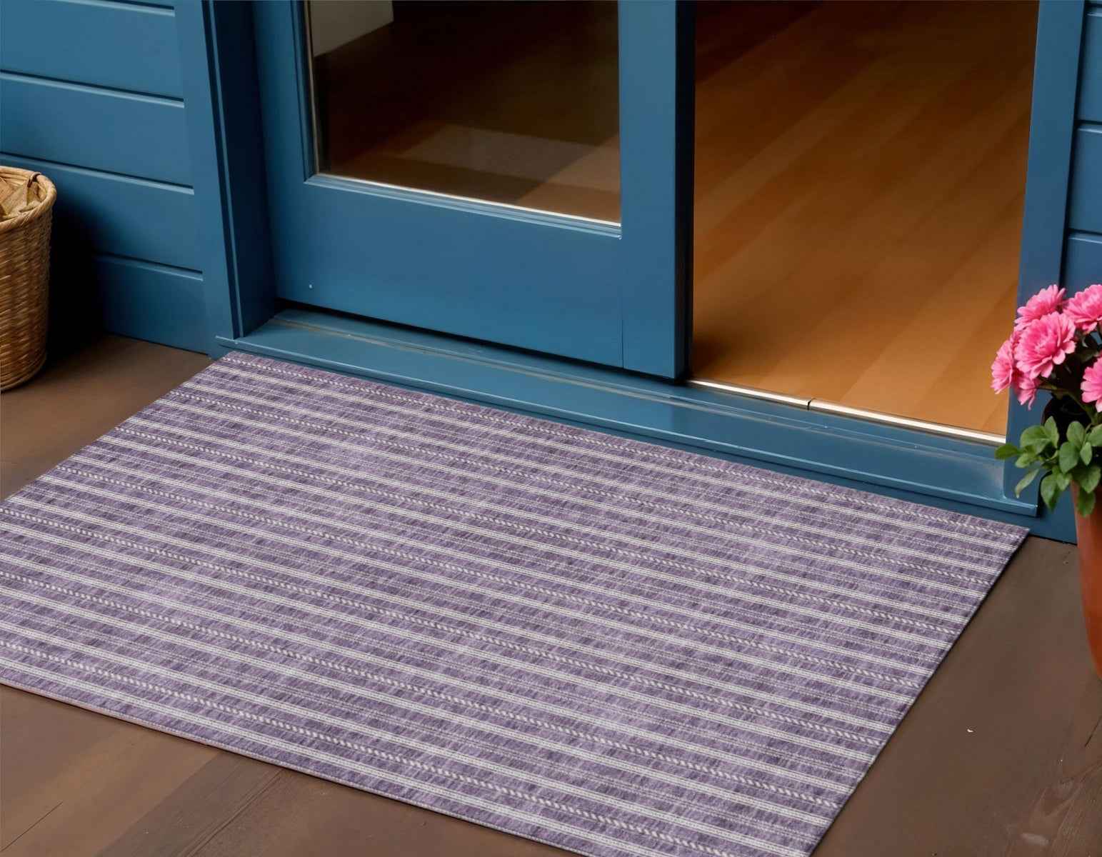 3' X 5' Purple And Ivory Striped Washable Indoor Outdoor Area Rug