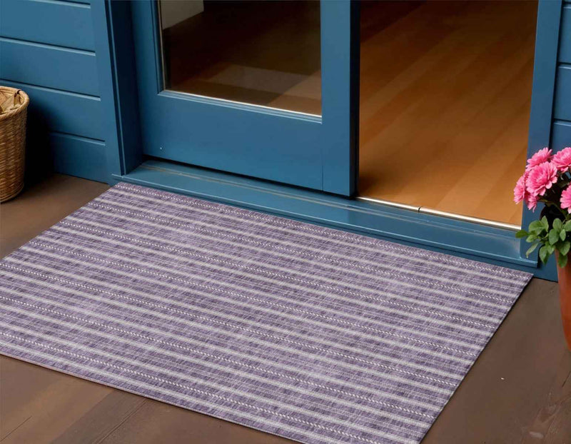3' X 5' Purple And Ivory Striped Washable Indoor Outdoor Area Rug