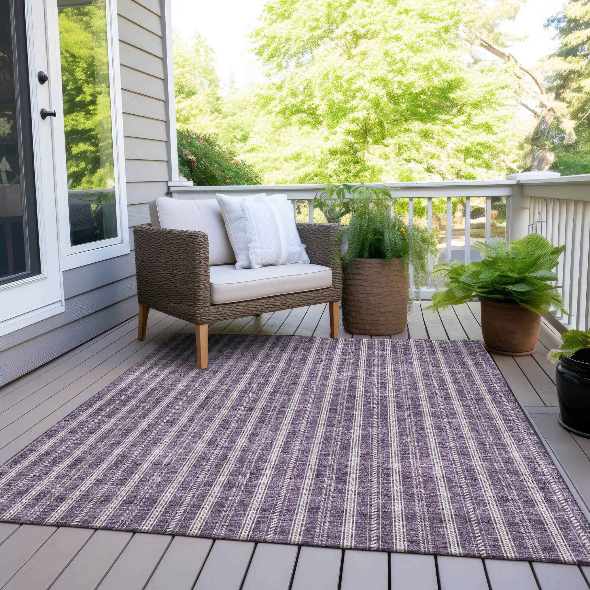 3' X 5' Purple And Ivory Striped Washable Indoor Outdoor Area Rug