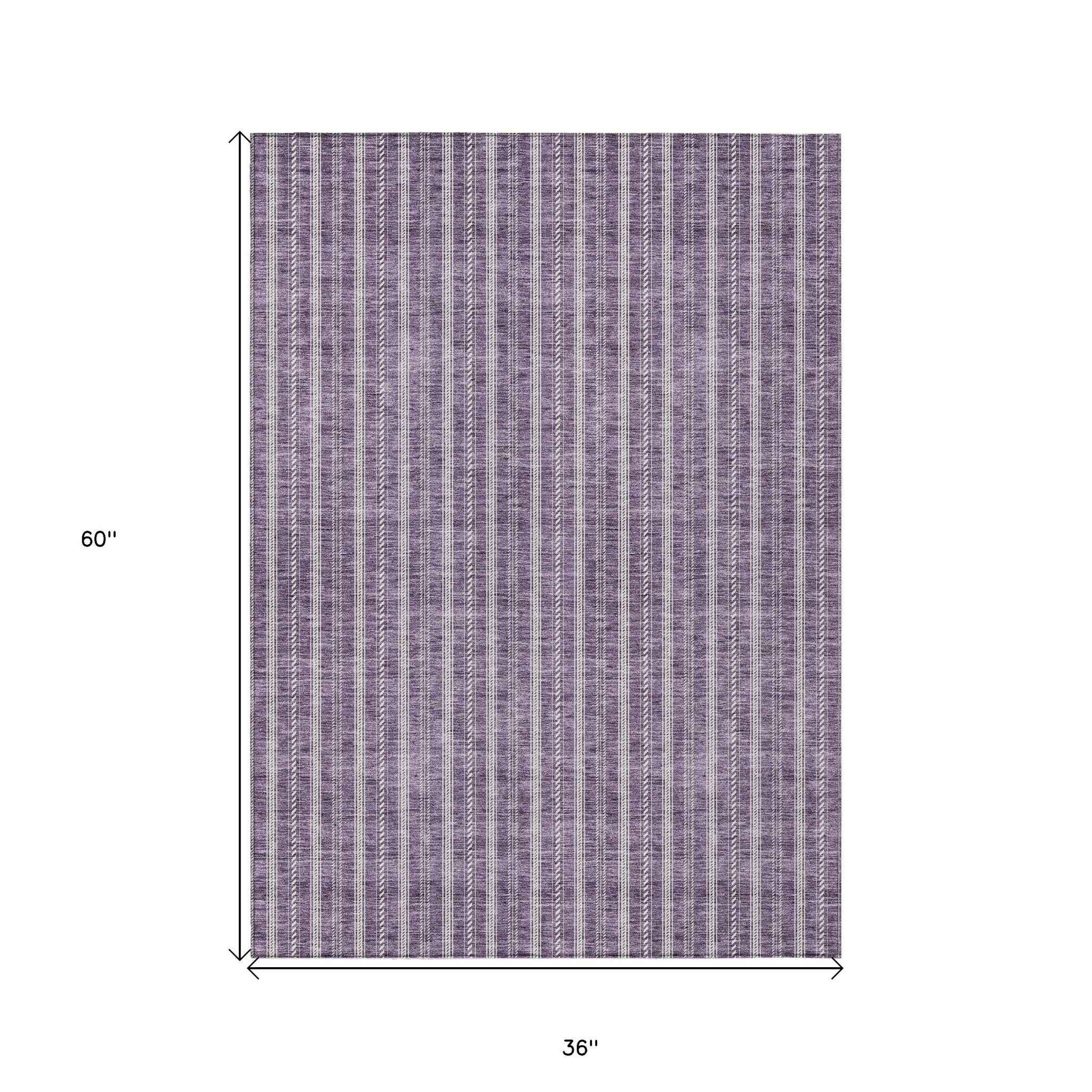 3' X 5' Purple And Ivory Striped Washable Indoor Outdoor Area Rug