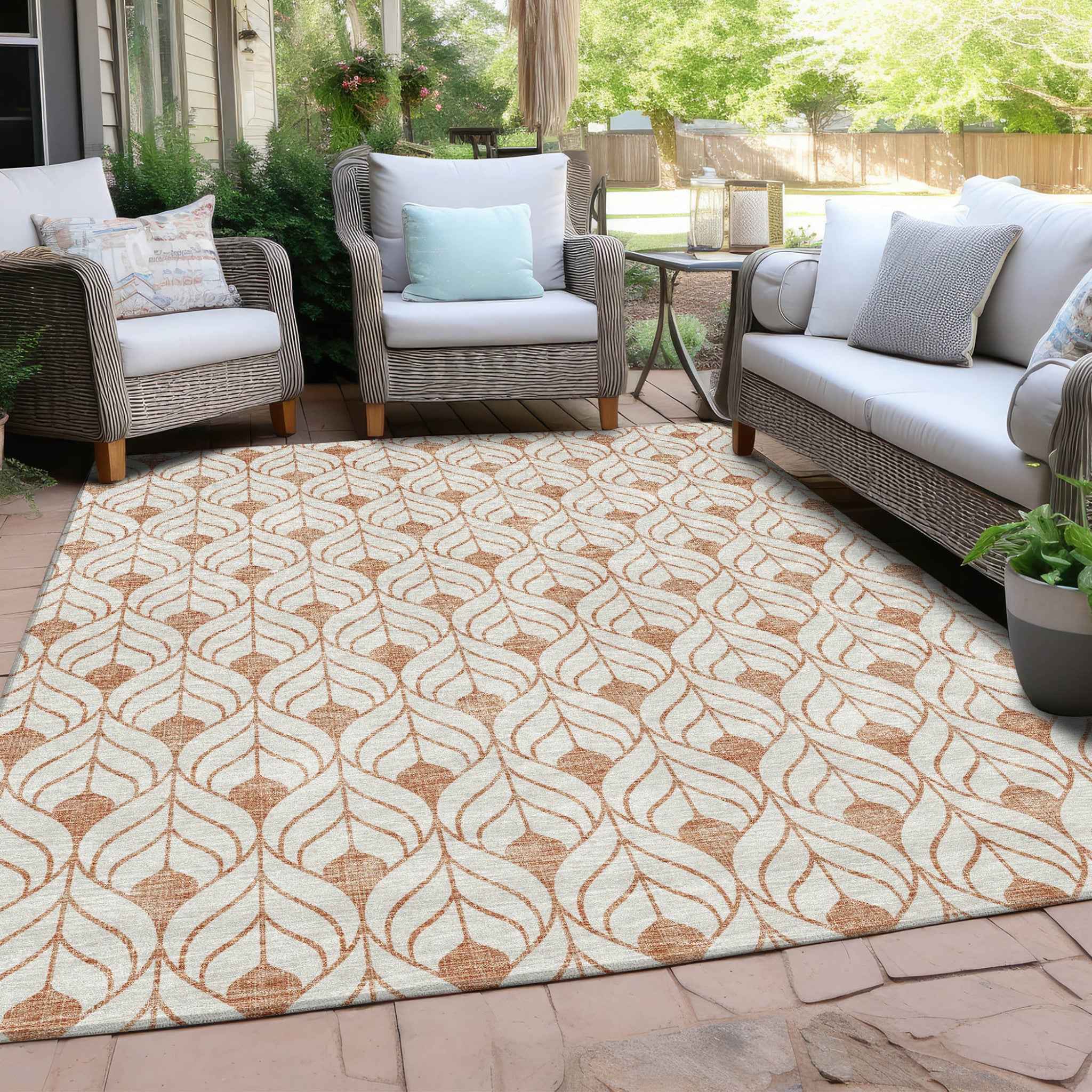 8' X 10' Salmon And Beige Geometric Washable Indoor Outdoor Area Rug