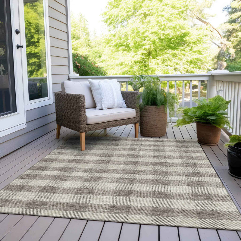 8' X 10' Taupe And Gray Plaid Washable Indoor Outdoor Area Rug