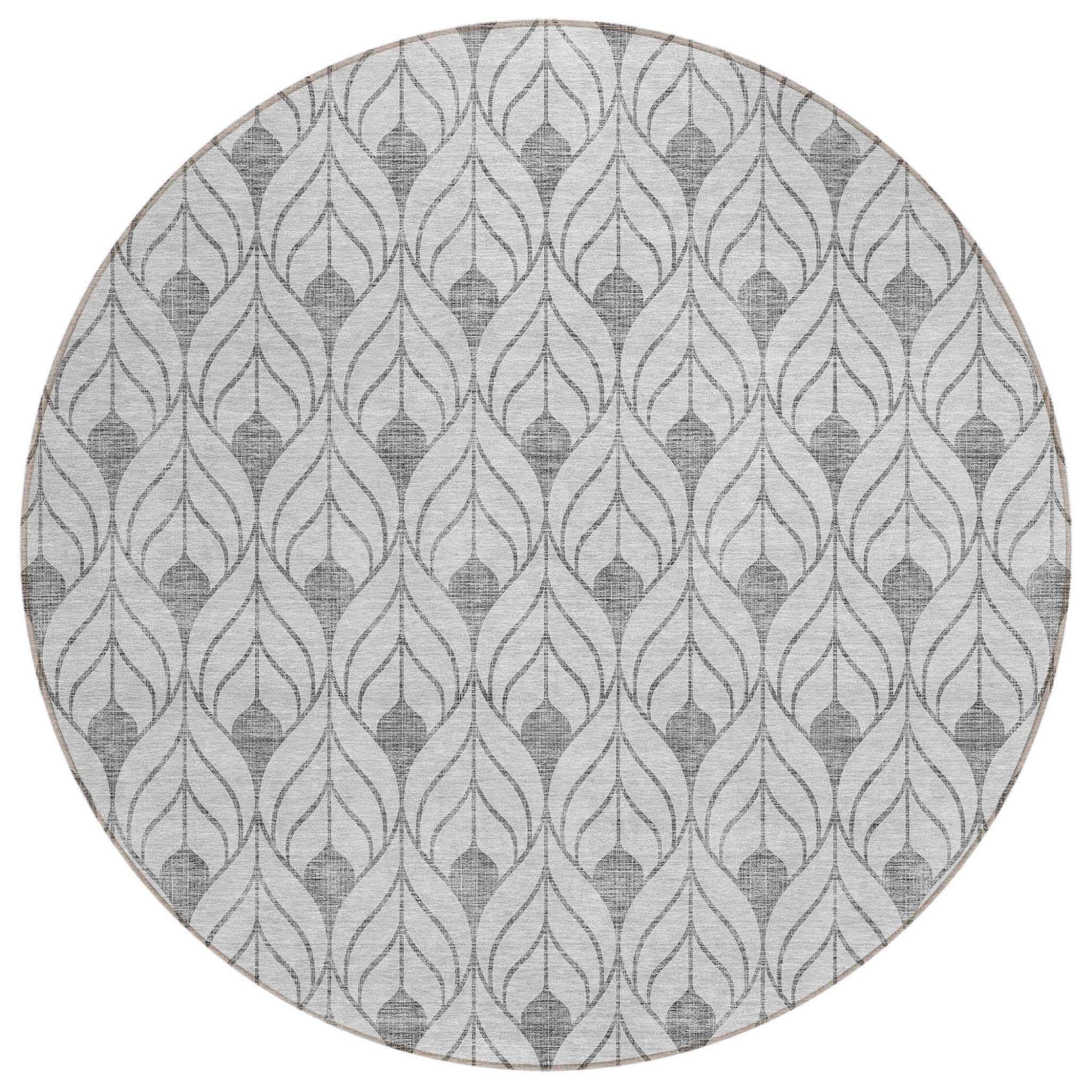 8' Silver And Gray Round Geometric Washable Indoor Outdoor Area Rug